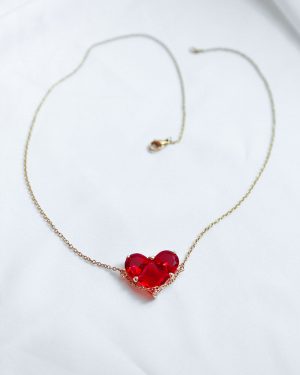 Collier Reine de Cœur – double cœur zircon rouge sur chaîne en acier inoxydable