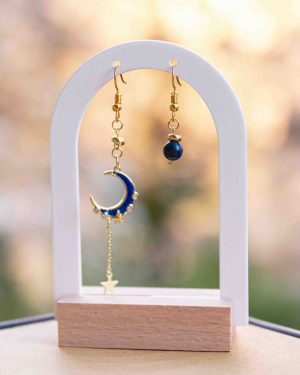 Boucles d’oreilles asymétriques Lunaria en acier inoxydable doré avec lune et zircon